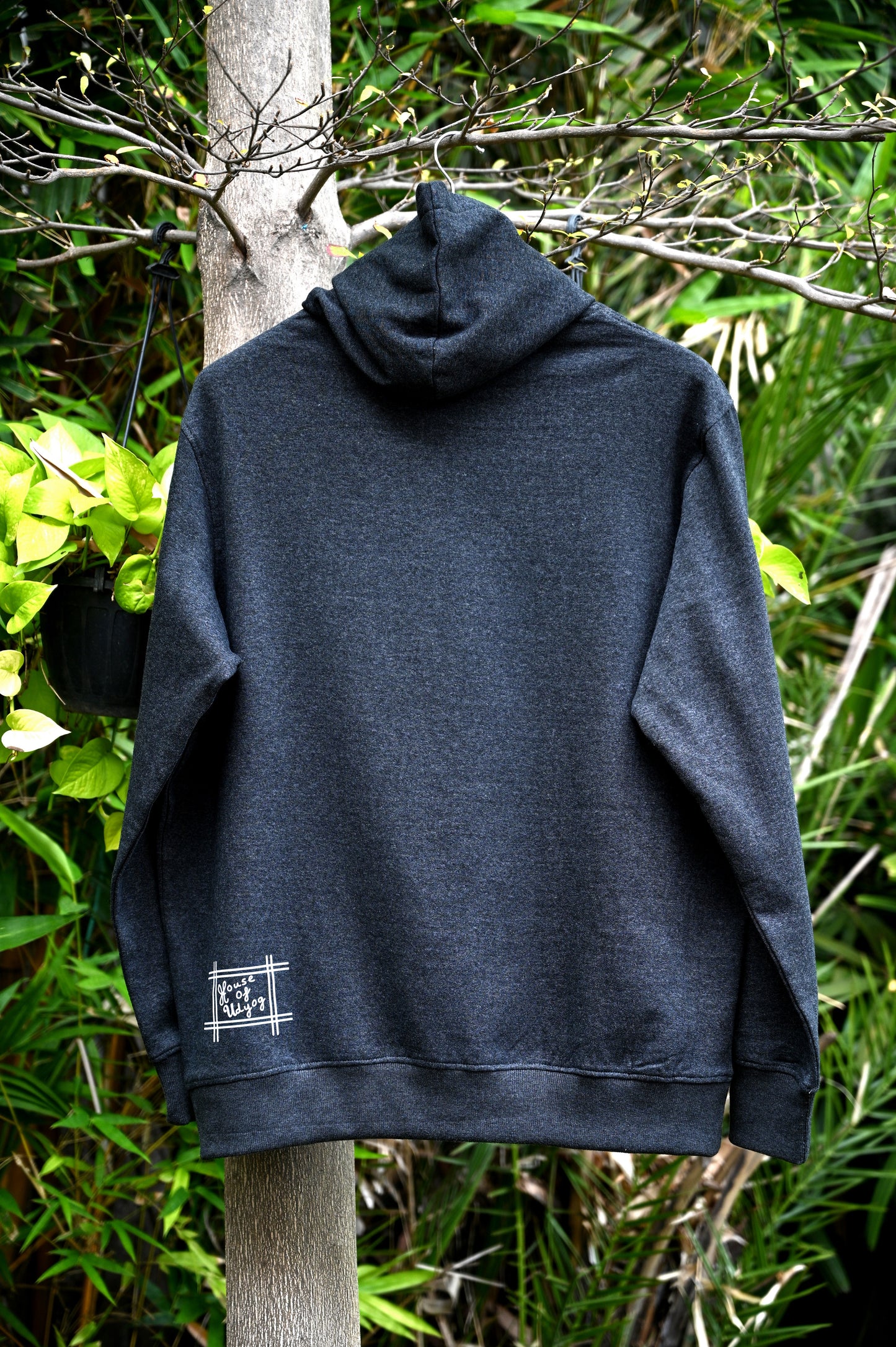 Charcoal grey hoodie with white print (unisex)