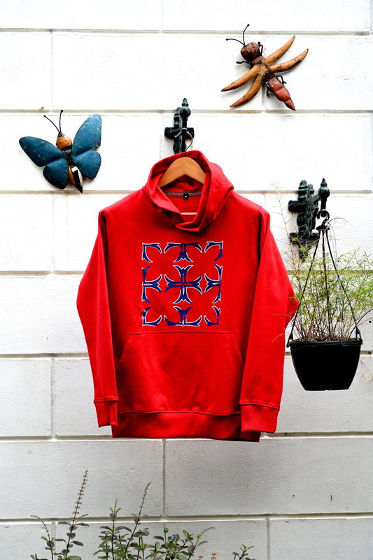 Red hoodie with navy and white print (unisex)