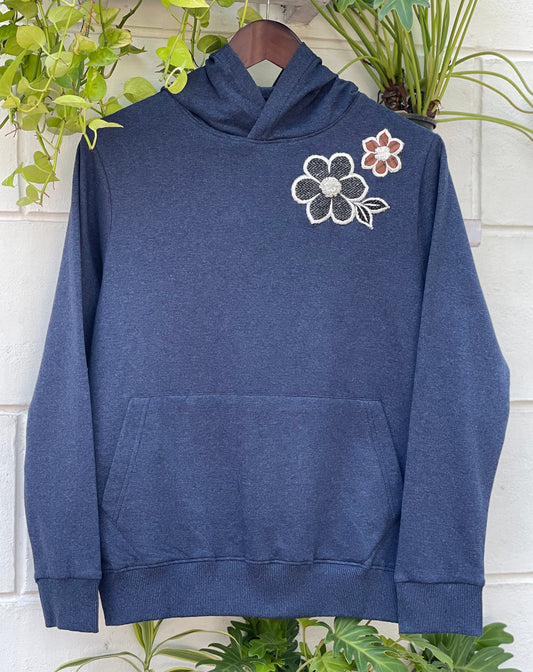 Blue Hoodie with Black Tweed Hand Embroidered Patch