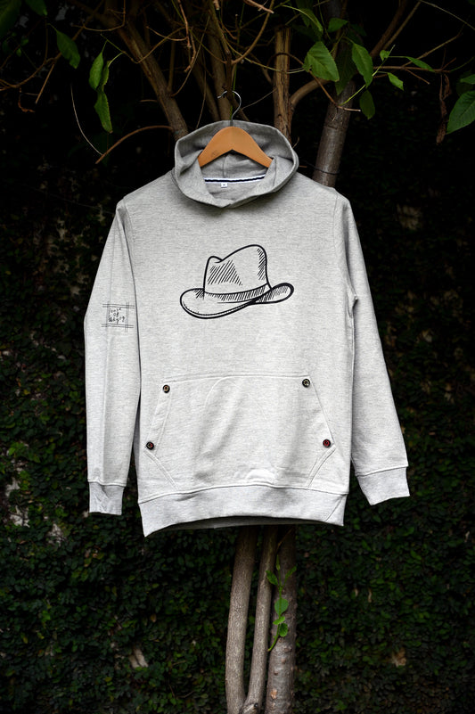 Grey hoodie with black print and buttons on pocket (unisex)