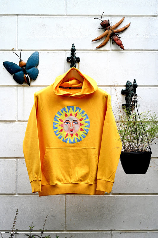 Yellow hoodie with multicolour print (unisex)