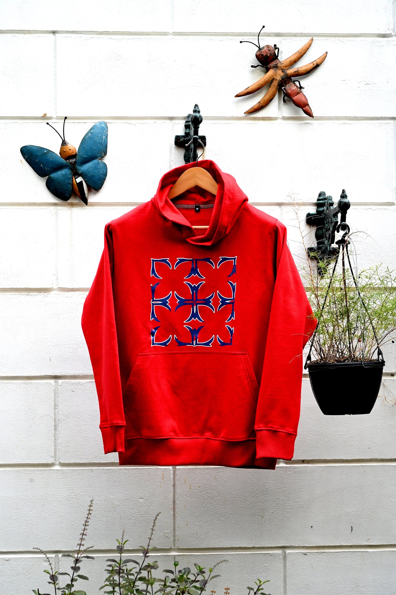 Red hoodie with navy and white print (unisex)