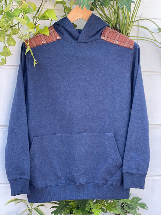 Blue Hoodie with Brown Check hand Embroidered Patch