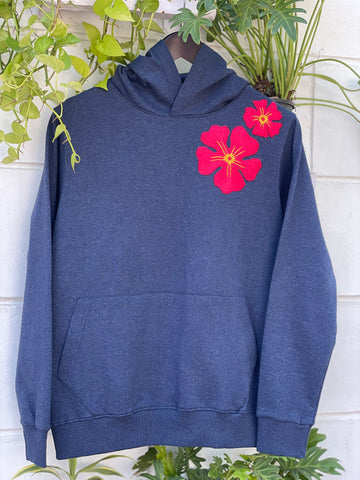 Blue Hoodie with Red Flower Hand Embroidered Patch