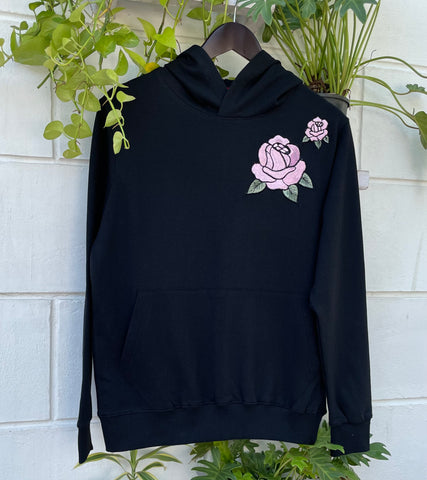 Black Hoodie with Pink Rose Embroidered Patch