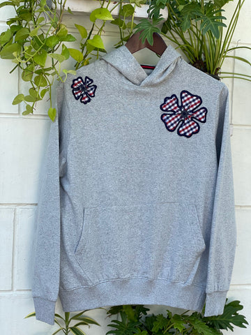 Grey Hoodie with Check Flower Hand Embroidered Patch