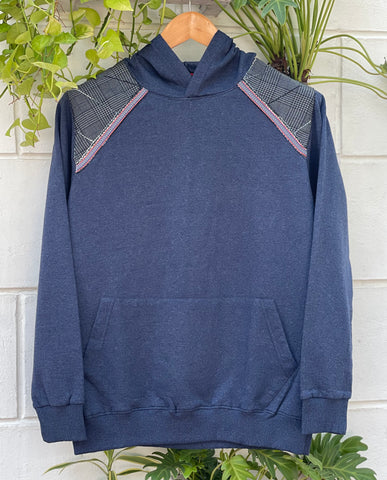 Blue Hoodie with Grey Check Hand Embroidered Patch