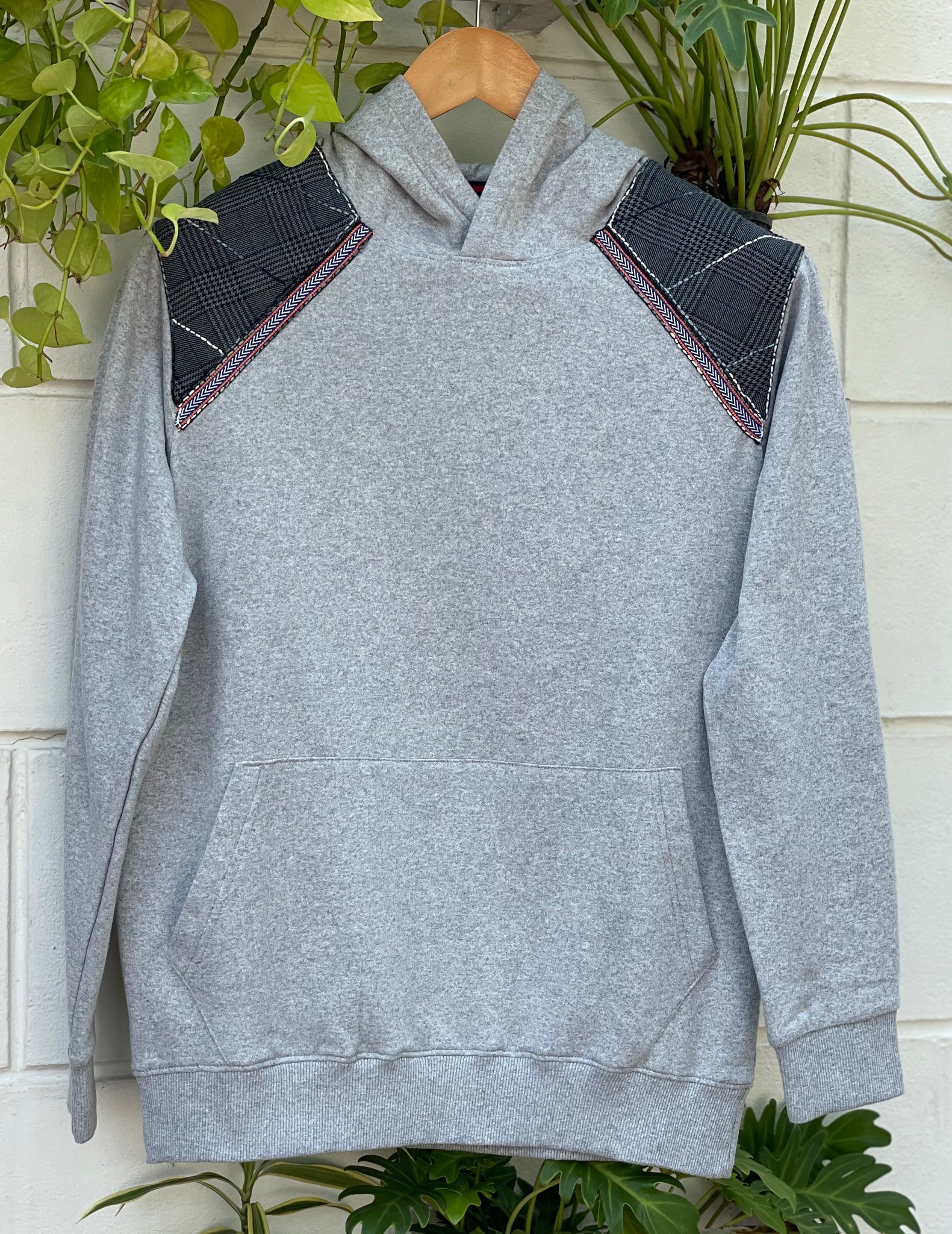 Grey Hoodie with Grey Check Hand Embroidered Patch