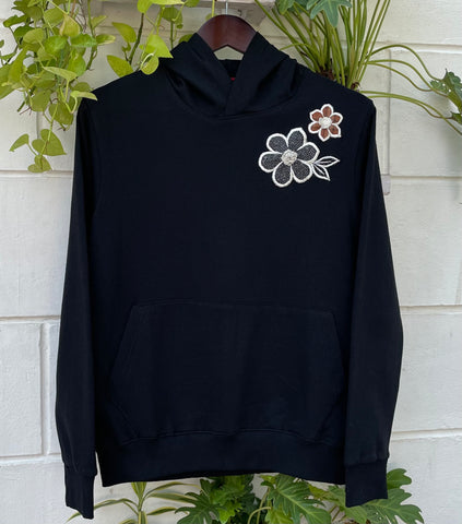 Black Hoodie with Tweed Flower Hand Embroidered Patch