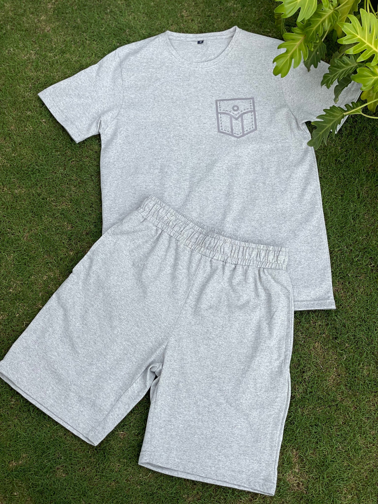 Melange grey pocket print loungewear set of t-shirt & shorts (men, slim fit)