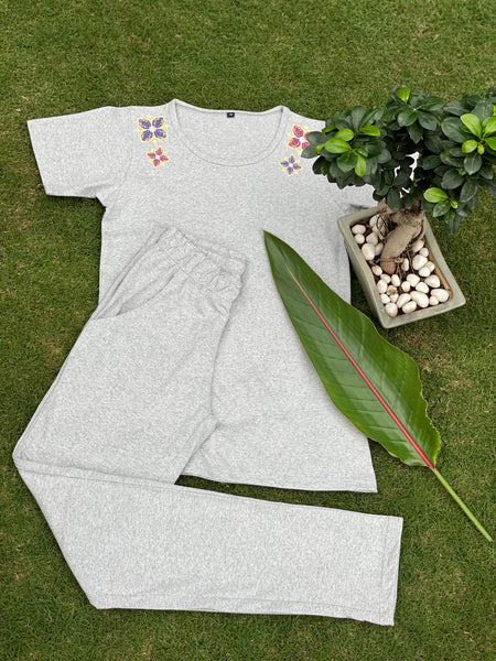 Melange Grey with brooch print loungewear set of t-shirt & track pants (women, slim fit)