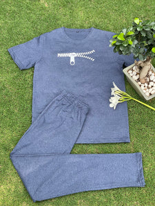 Blue zip print loungewear set of t-shirt & track pants (men, slim fit)