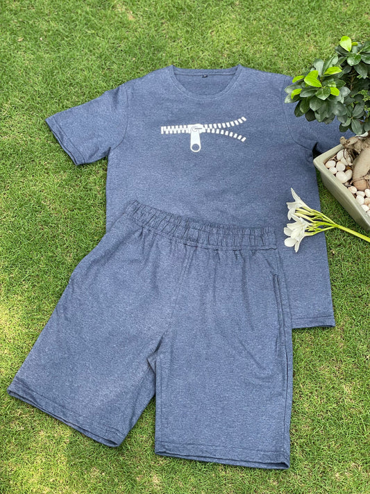 Blue zip print loungewear set of t-shirt & shorts (men, slim fit)