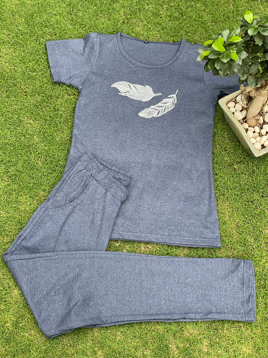 Blue with feather print loungewear set of t-shirt & track pants (women, slim fit)
