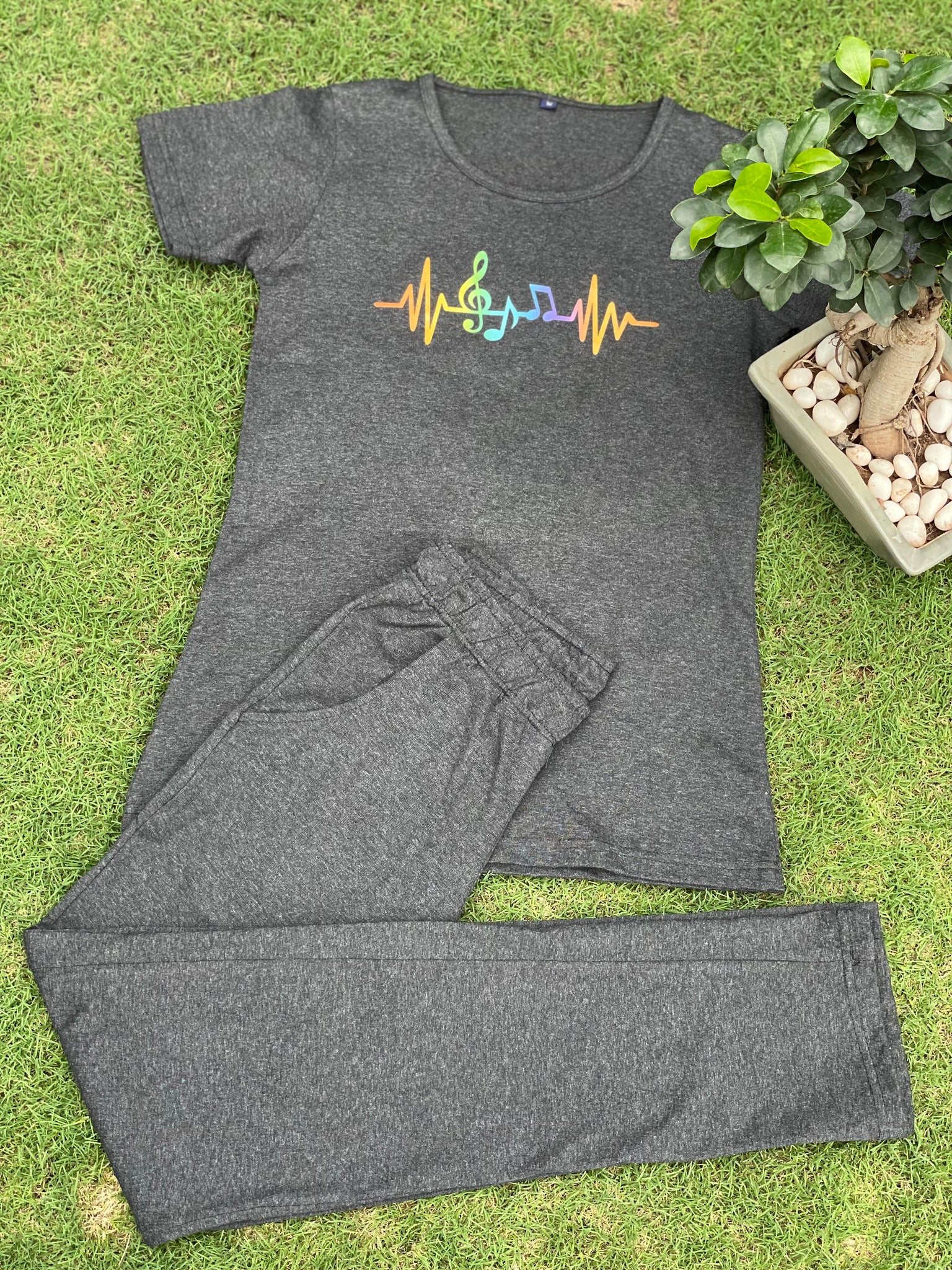 Charcoal grey with heartbeat print loungewear set of t-shirt & track pants (women, slim fit)