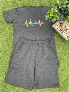 Charcoal grey with heartbeat print loungewear set of t-shirt & shorts (women, slim fit)
